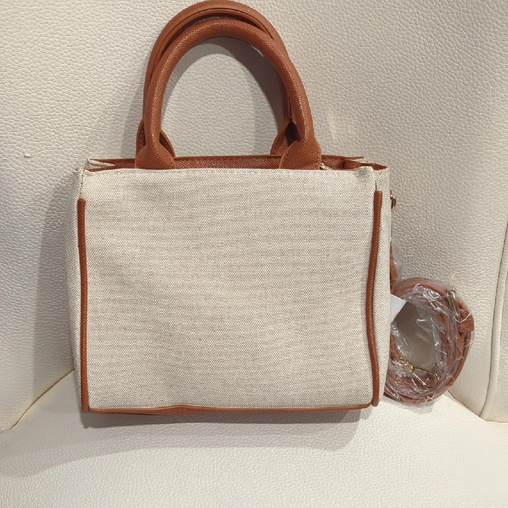 bebe Tan & Cream Stripe Canvas Tote Bag- 9.5×7.5×3.75. NWT - Picture 2 of 5